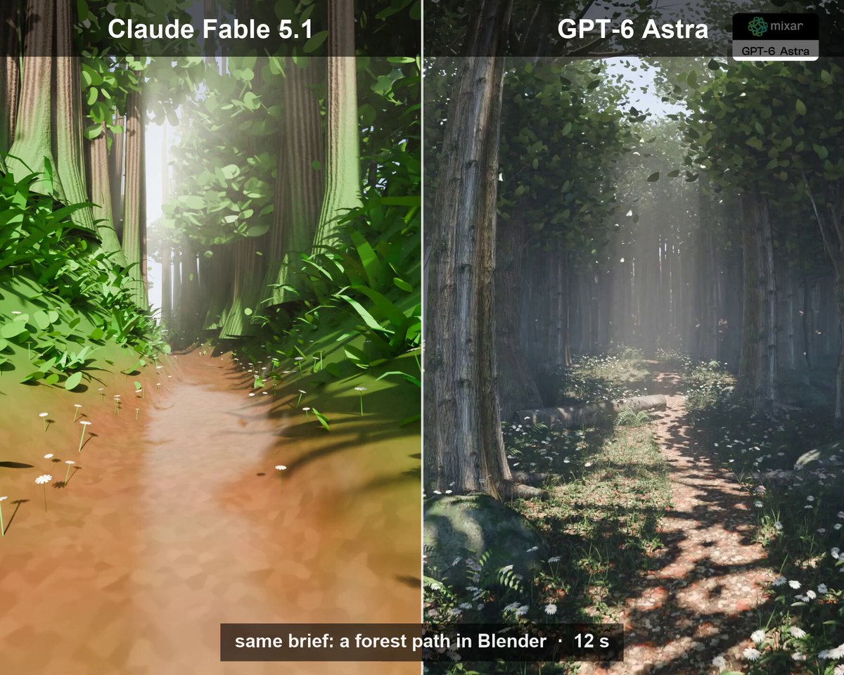 Side-by-side Blender forest scenes with trees and a sunlit path.