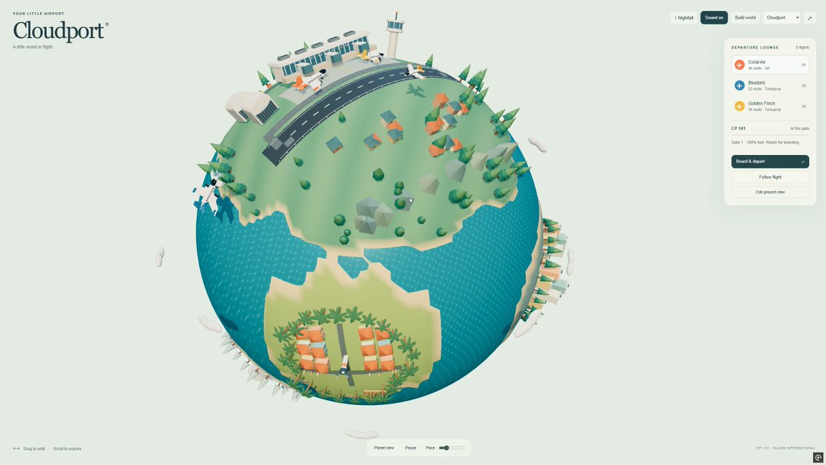 Video of a browser Three.js tiny-planet airport sim