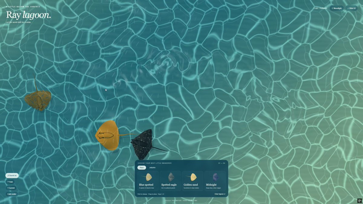 Interactive browser lagoon with rays and jellyfish built in Astra