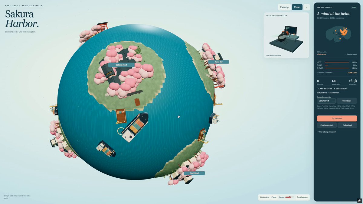 Video preview of a tiny Japanese planet with cherry blossoms and cargo ships guided by a live fly-brain simulation