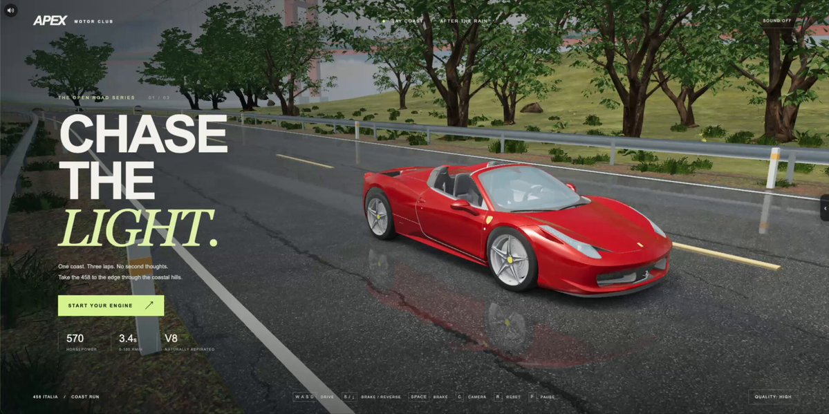 Need for Speed-style coastal racing game running in Three.js