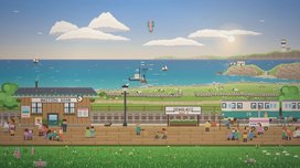 Pixel-art seaside halt above a turquoise bay with tram and day-night cycle