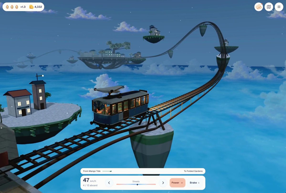 Video of train skin unlocks in a Ghibli train sim made with GPT-6 Astra, Crayon Pro, and Three.js