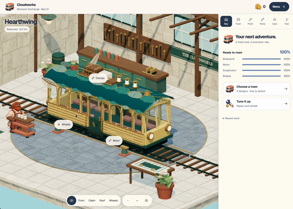 Ghibli-style train sim with garage upgrades and floating towns, built with GPT-6 Astra, Crayon, and Three.js