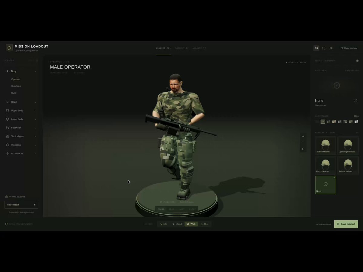 Video of an interactive mission loadout character rotator