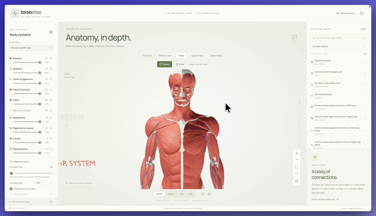 Interactive anatomy viewer selecting body structures for closer inspection