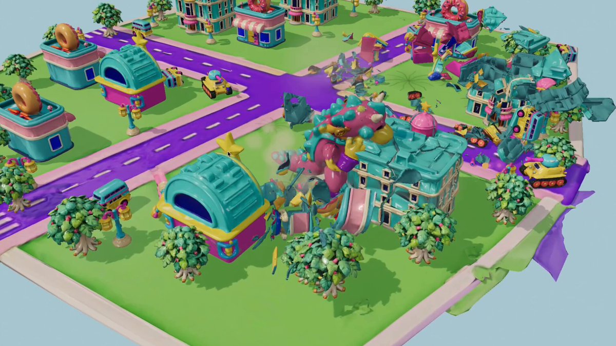 Video preview of toy monster throwing buses at buildings