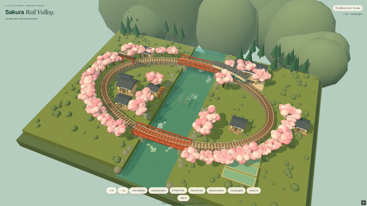 Interactive Japanese valley with train and cherry blossoms in the browser, built with ChatGPT-6 Astra