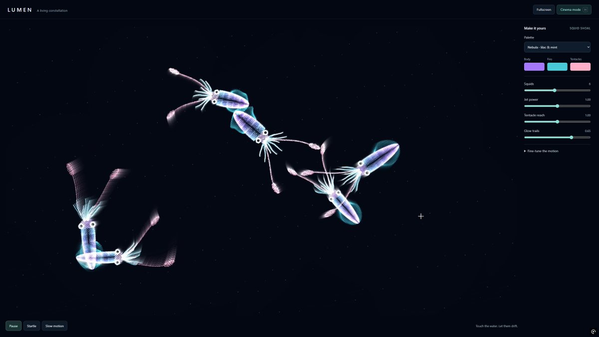 Video thumbnail of interactive mathematical squid shoal in WebGL