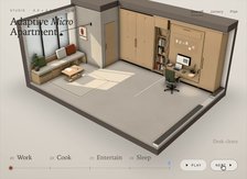 Three.js adaptive micro apartment shifting rooms through the day