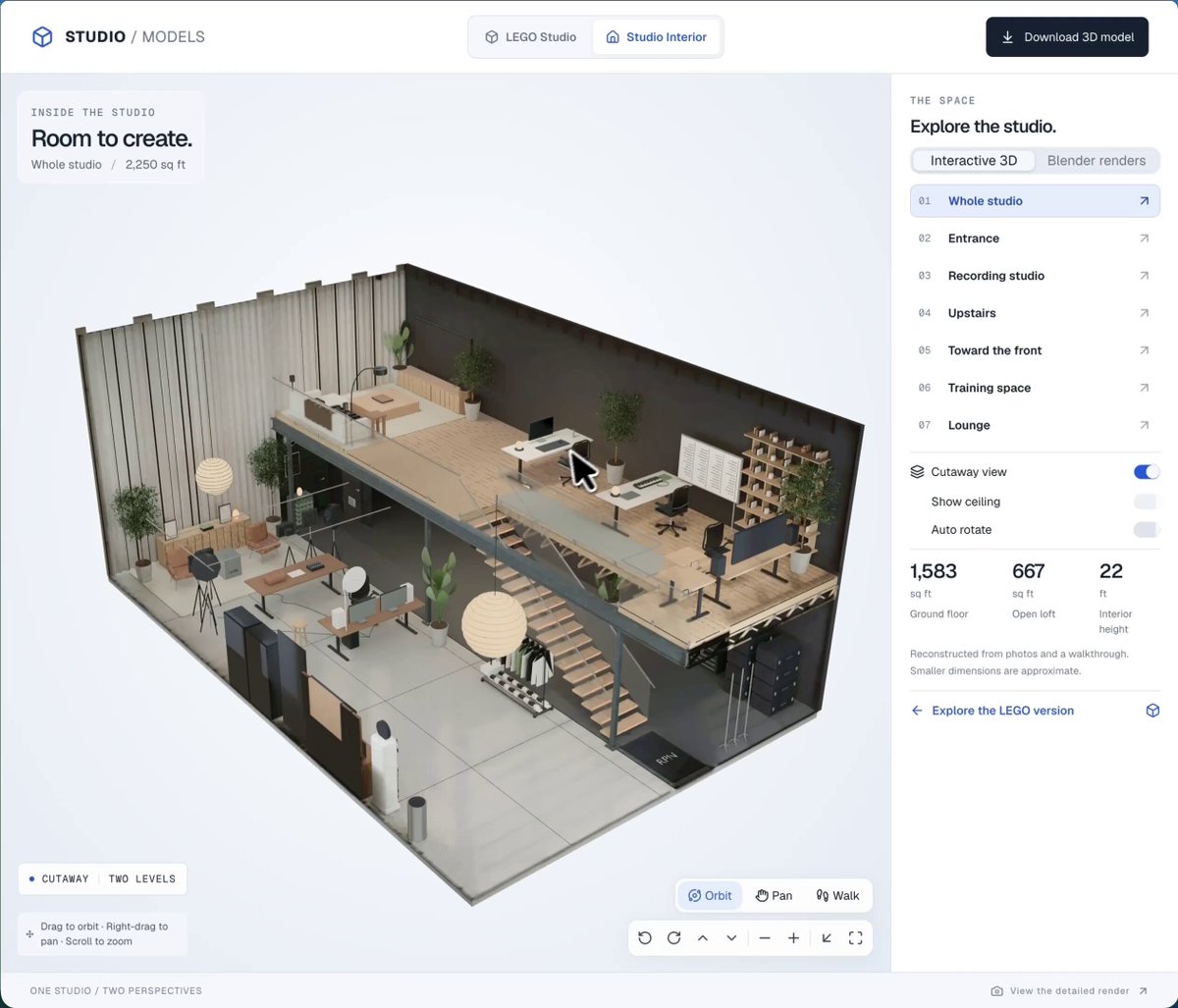 Navigable interactive 3D model of a studio built from photos