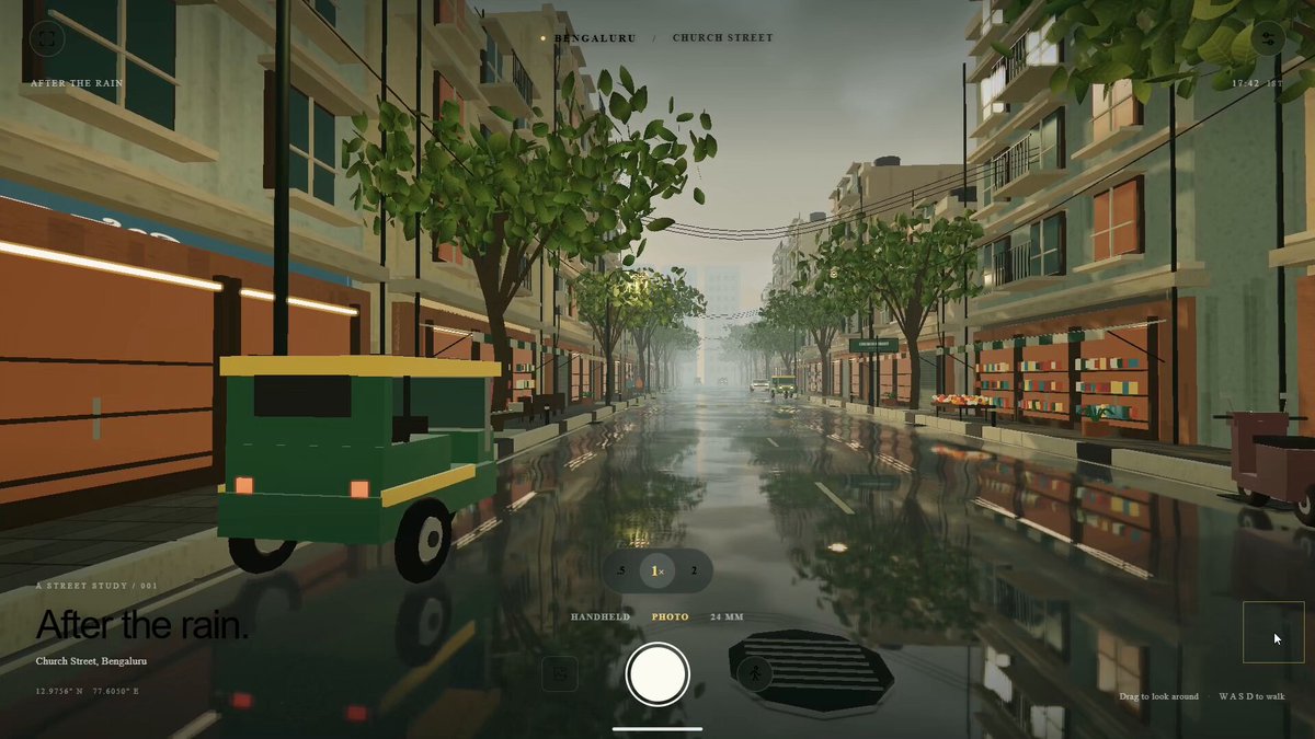 Rainy Bangalore street open-world Three.js demo from iPhone POV