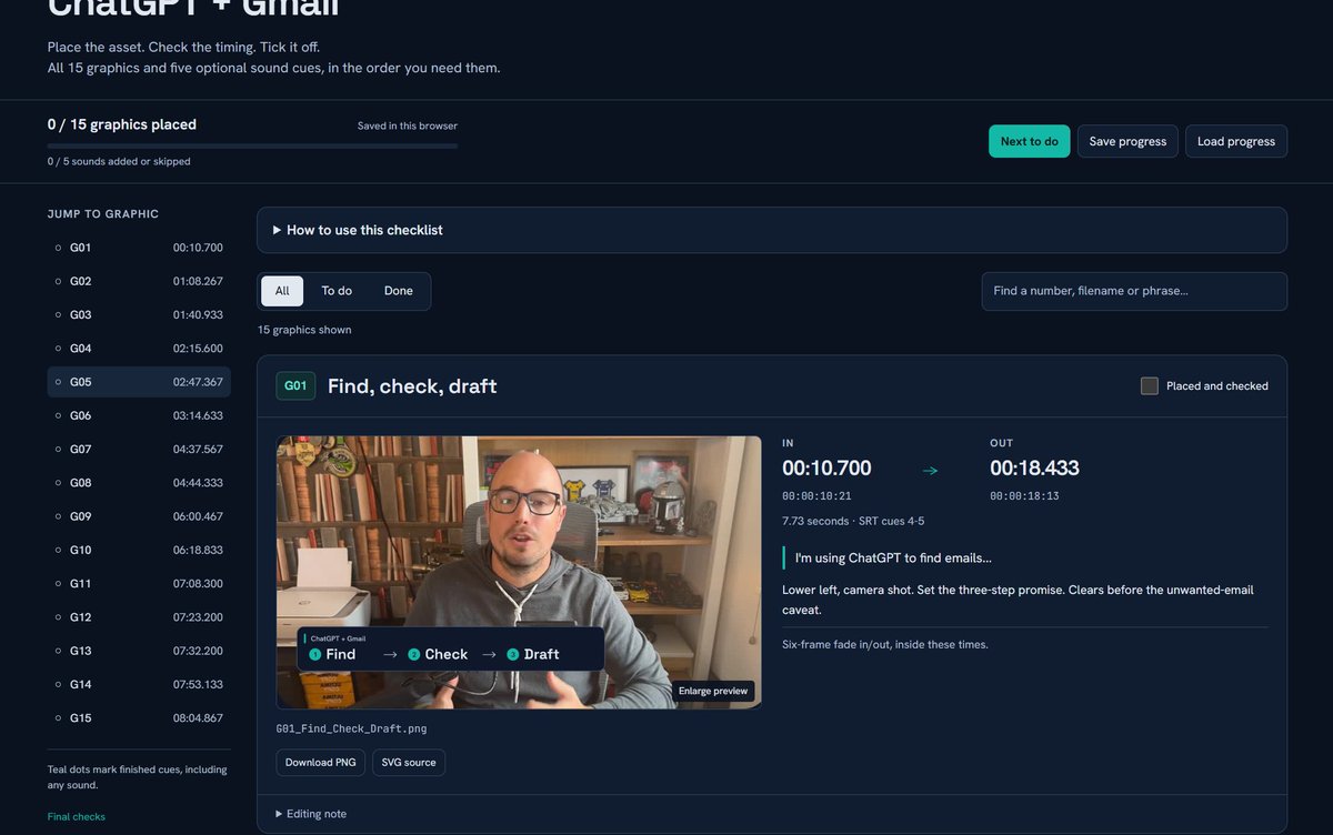 Astra-generated branded graphics, SFX, and HTML timetable with screenshots for video insertion points