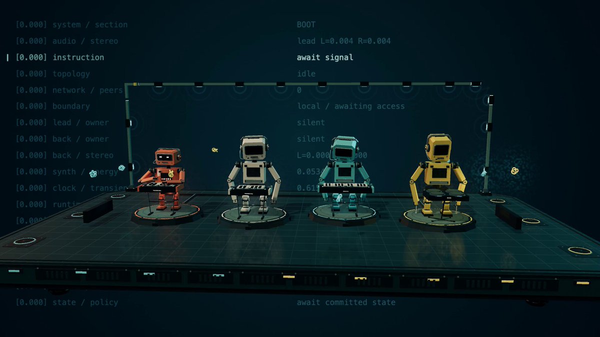 Robot band with music-reactive gestures, lights, and particles built in Three.js with Codex GPT-6 Astra; music by Suno