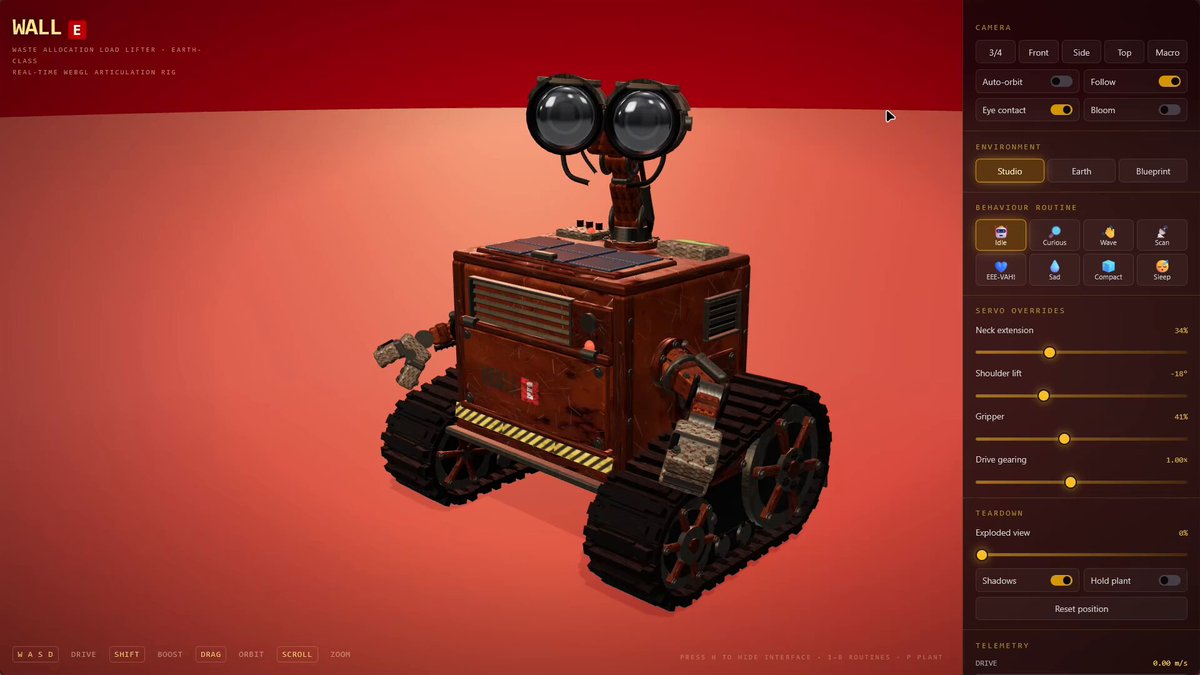 Video of an interactive Three.js WALL-E with extra unprompted animations, made with Gemini 4 Pro