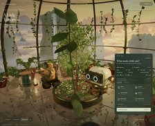 Browser 3D atrium scene with two robots watering plants for survival