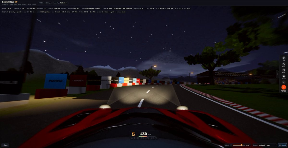 Golden Hour GP cockpit view racing game running in the browser