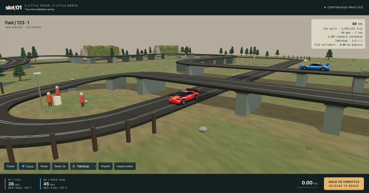 Web tabletop racing game with Three.js track pieces and cars made with Astra