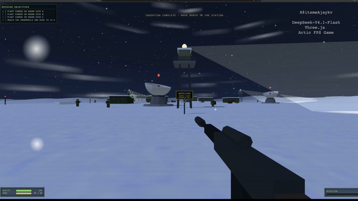 Gameplay of a complete single-HTML Three.js FPS with missions, HUD, and PS2-era military look
