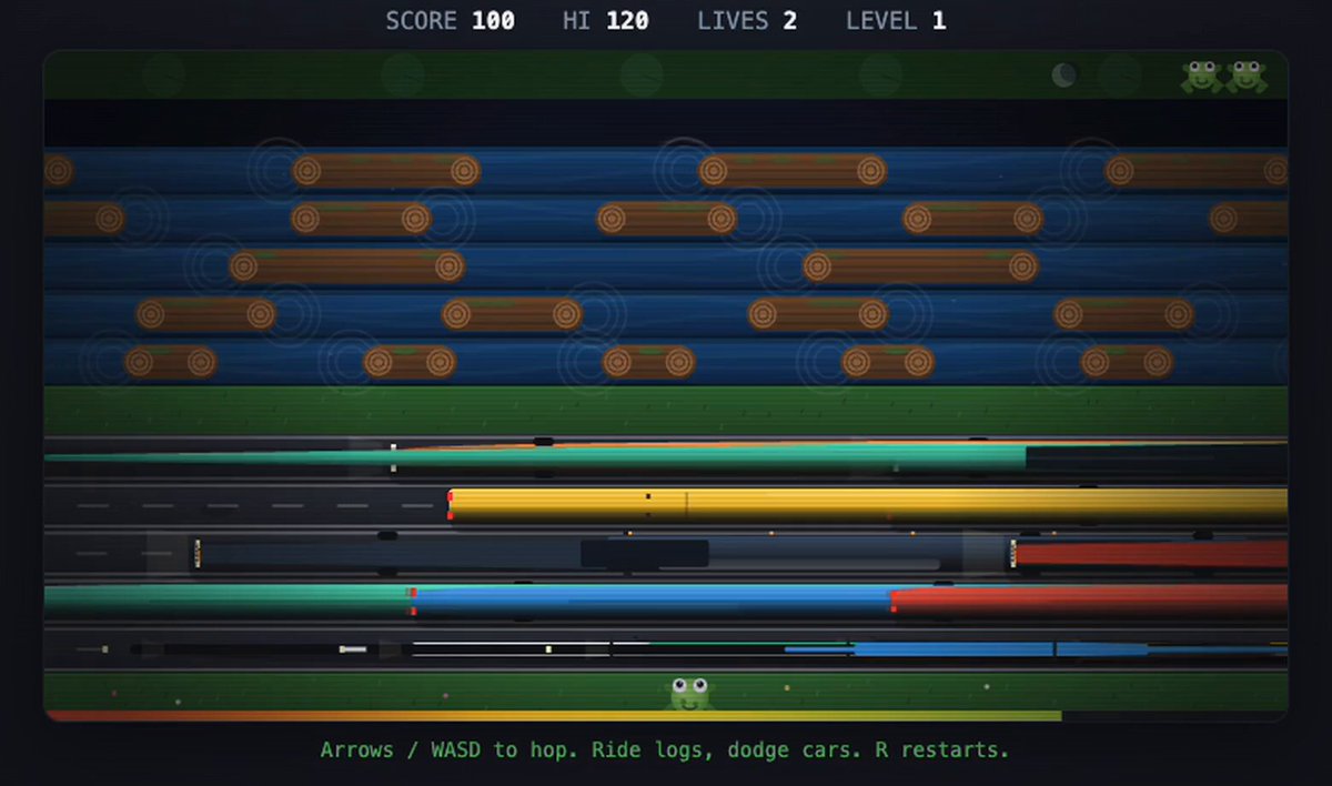 Frogger browser game made with Qwen3.8-Flash-Next, stress-tested by GPT-6 Astra