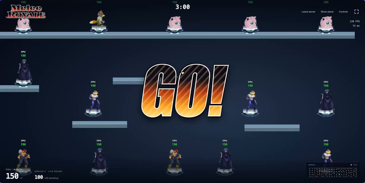 GameCube Melee modded into a 100-player browser battle royale with GPT-6 Astra and three.js