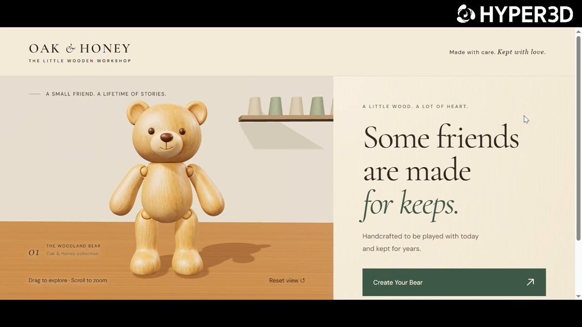 Interactive wooden bear toy workshop built with Hyper3D Rodin MCP and GPT-6 Astra