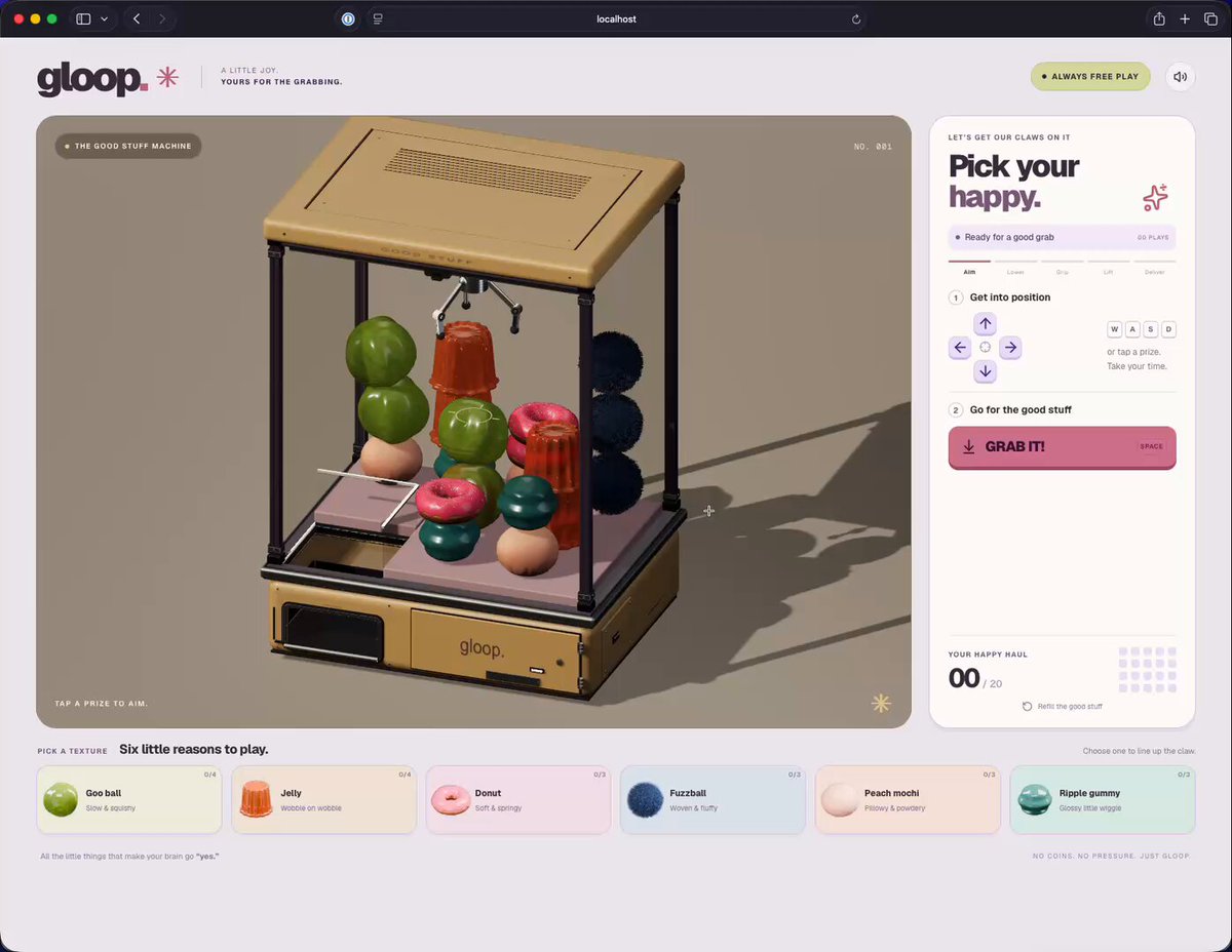 Video preview of browser claw machine physics demo