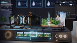 Interactive 3D camera lens lab with glass elements shifting the focus plane