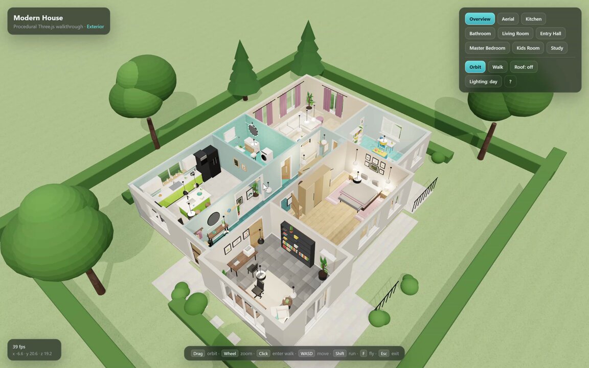 Interactive Three.js house walkthrough preview