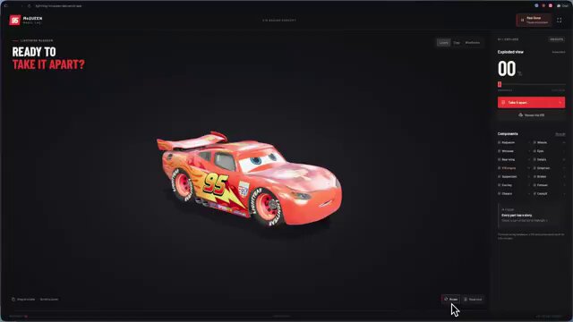 Browser Cars demo with Lightning McQueen and V10 parts teardown built with GPT-6 Astra