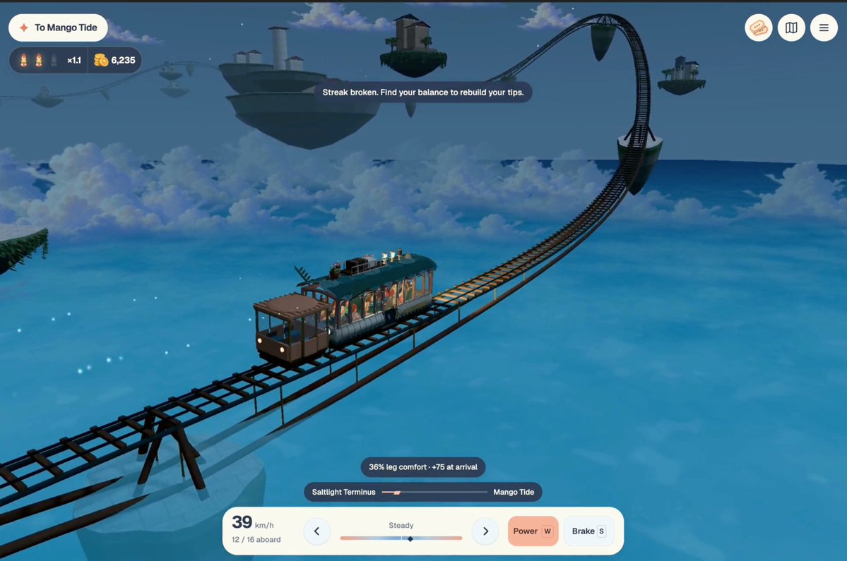Video of a Ghibli-style train simulator with garage, upgrades, and night mode made with GPT-6 Astra, Crayon Pro, and Three.js