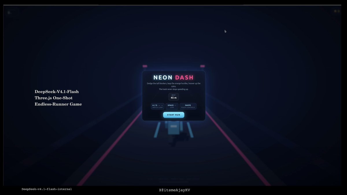 Browser endless-runner game generated one-shot in three.js