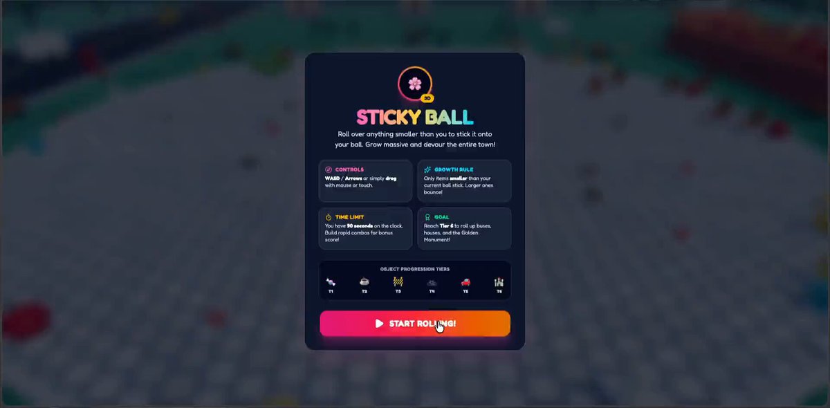 Sticky ball rolling through a custom Three.js 3D arena