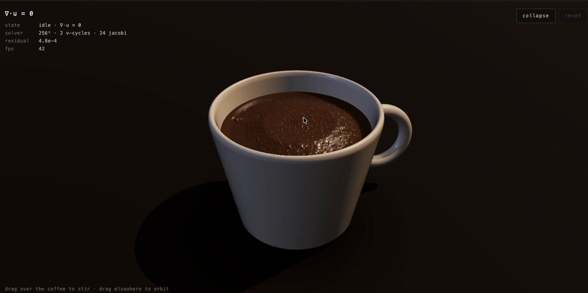 Browser coffee cup Navier-Stokes fluid sim collapsing into a black hole with cream accretion disk, built with Fable 5.1