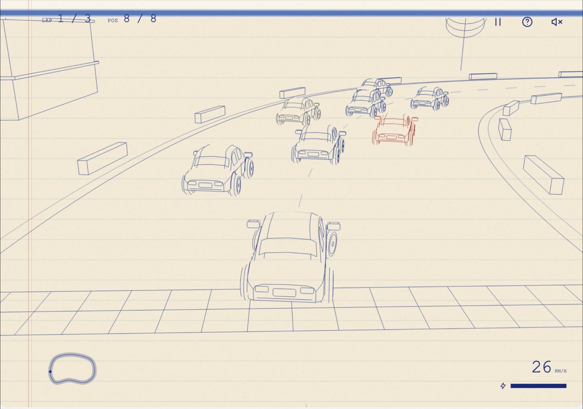 Hand-drawn notebook-paper racing game with lap and speed HUD
