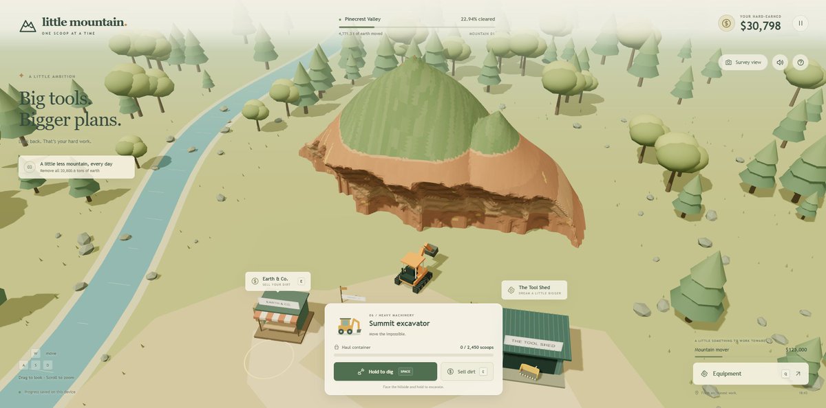 Screenshot of incremental mountain-emptying browser game