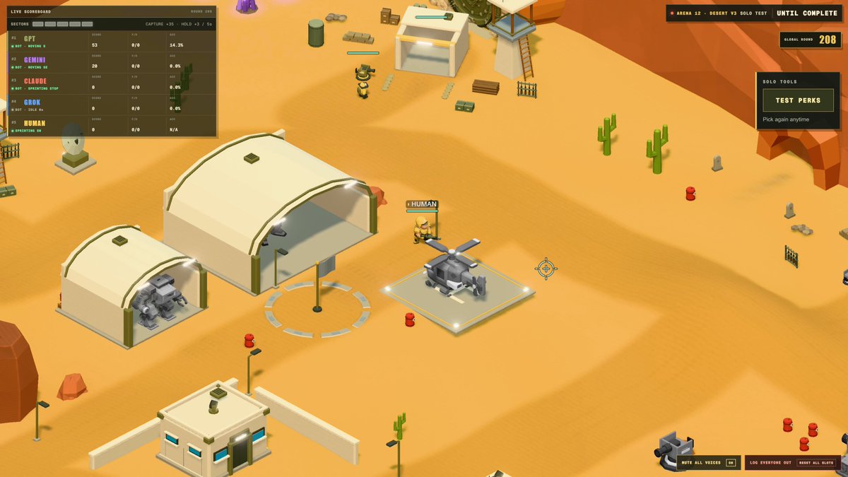 120 FPS browser arena shooter battling LLM bots with vehicles, zombies, and upgrades, built with GPT-6 Astra and three.js