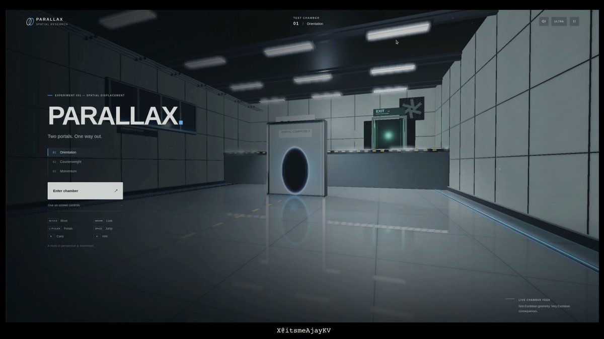 First-person view of a portal device in a tiled test chamber.
