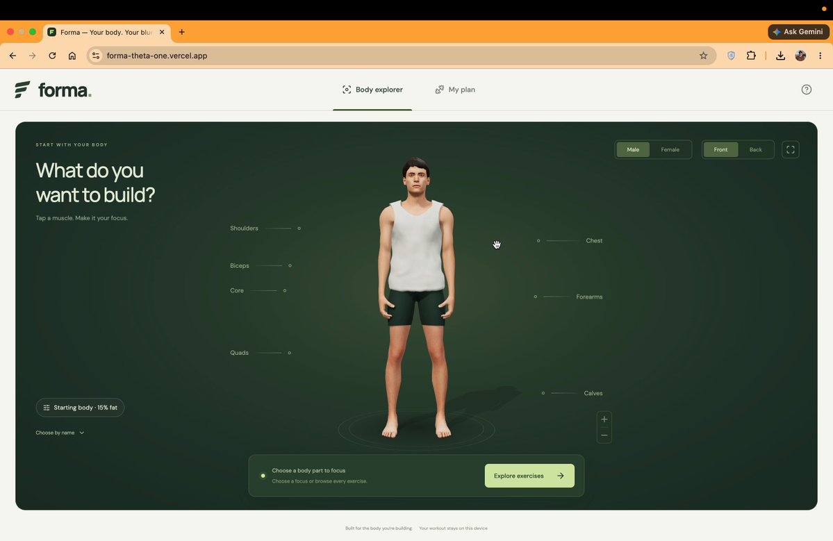 3D workout assistant with interactive muscle avatar and demos