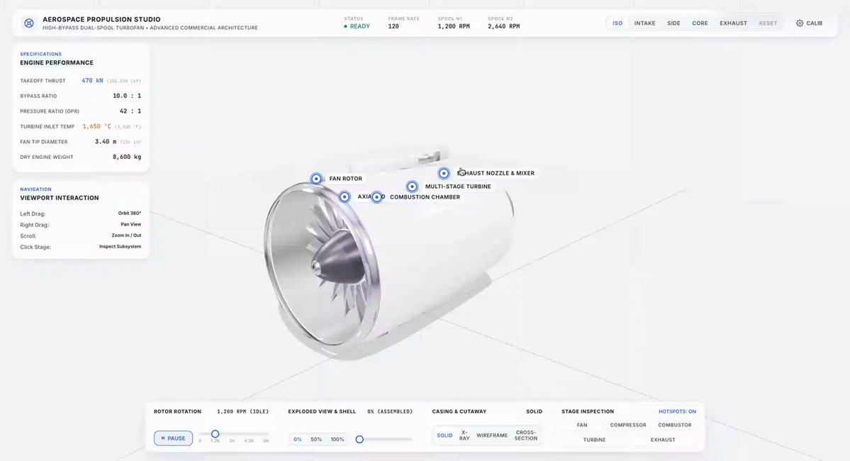 Browser turbofan engine with cutaways and exploded view