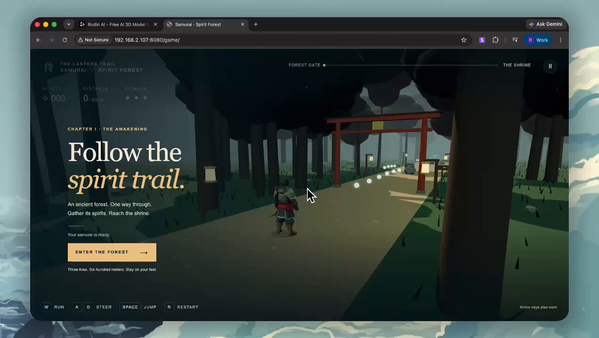 Playable 3D samurai browser game built with GPT-6 Astra and Hyper3D Rodin