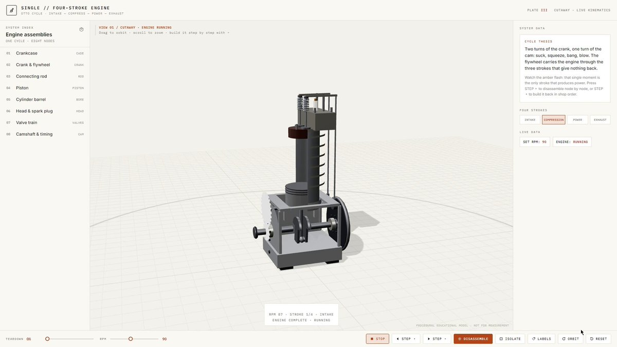 Browser four-stroke engine with live cutaway and disassembly