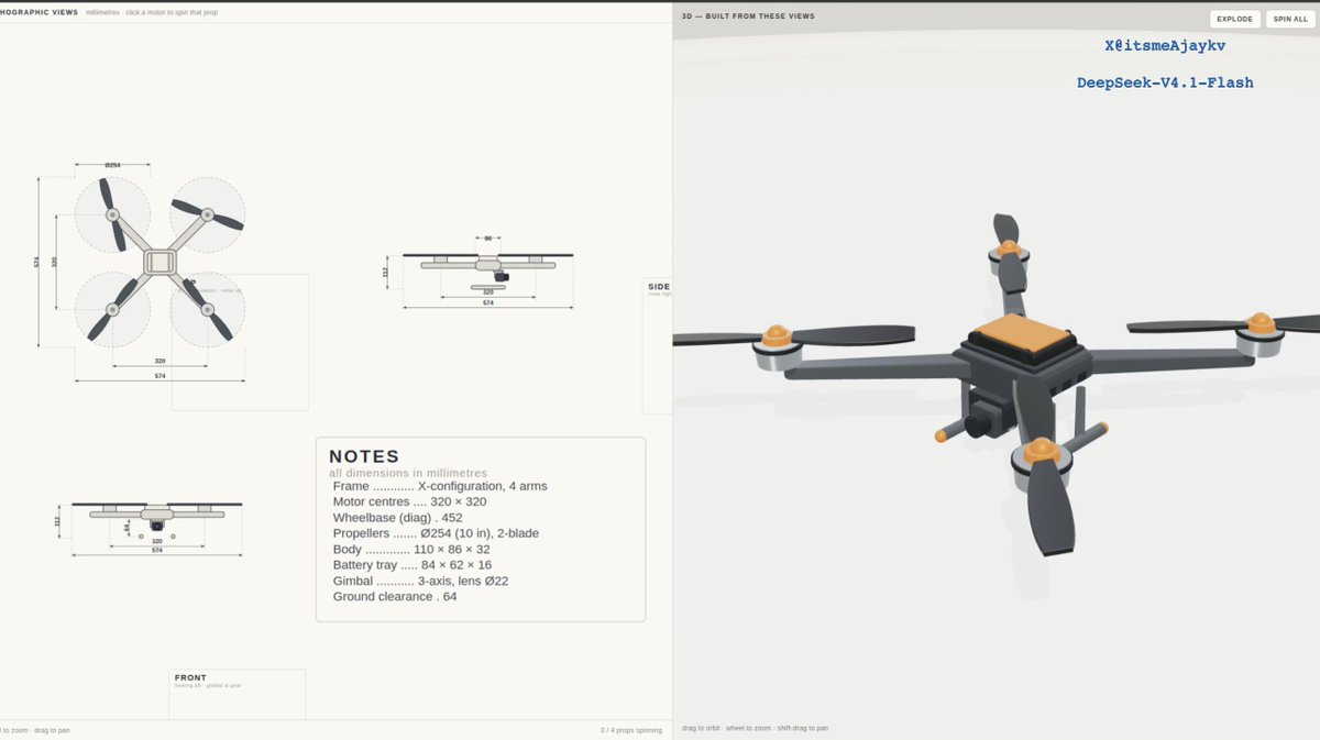 DeepSeek-v4.1-flash Three.js 3D drone showcase by ItsmeAjayKV