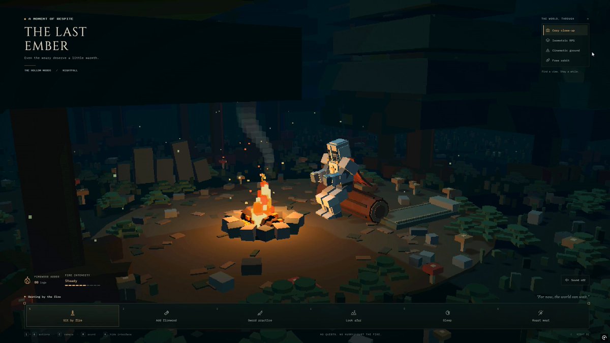 Browser interactive 3D knight campsite: firewood, sword practice, roast, sleep — single HTML file