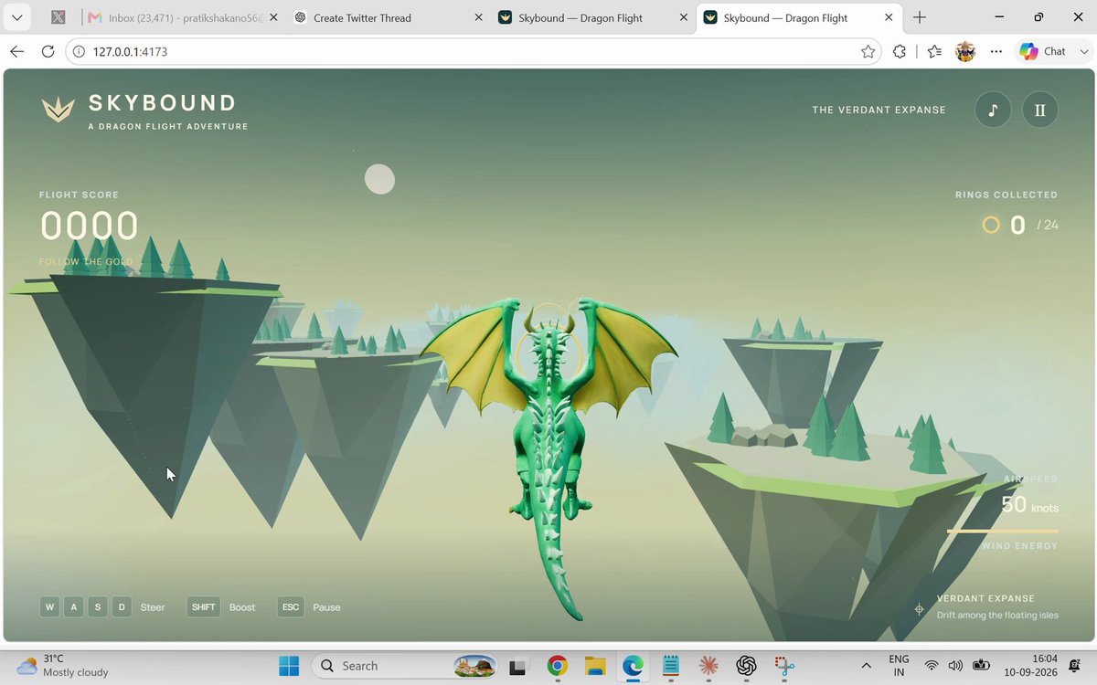 Playable 3D flight game with a dragon model running in the browser