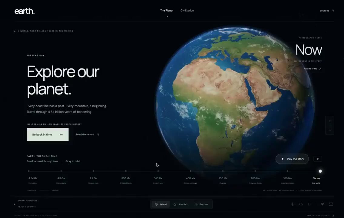 Interactive 3D Earth timeline spanning geological and human history