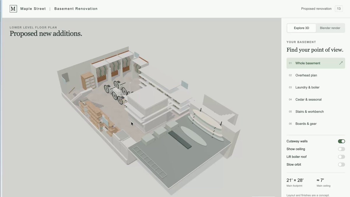 Video walkthrough of an interactive Astra basement renovation rendering from photos and contractor notes