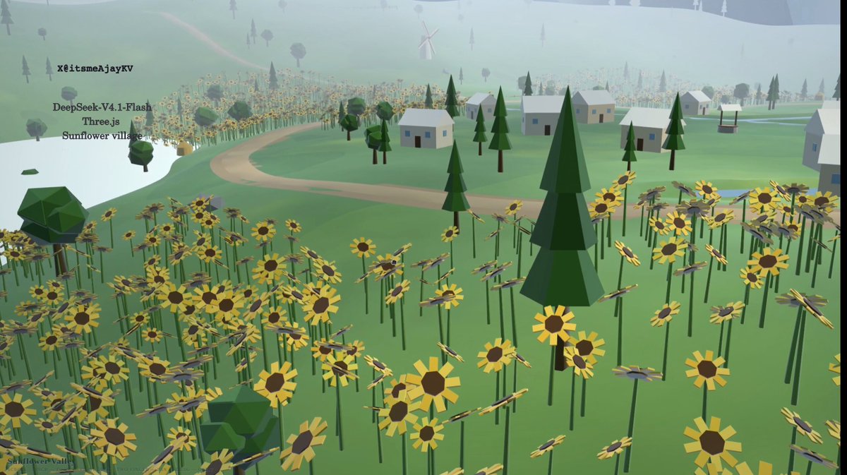 Video preview of a sunflower valley and village 3D scene in the browser