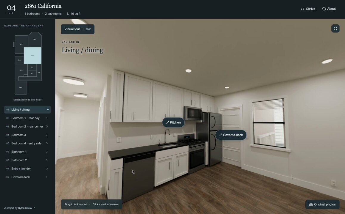 Video preview of an interactive apartment tour built from photos and a floor plan with GPT-6 Astra and Blender