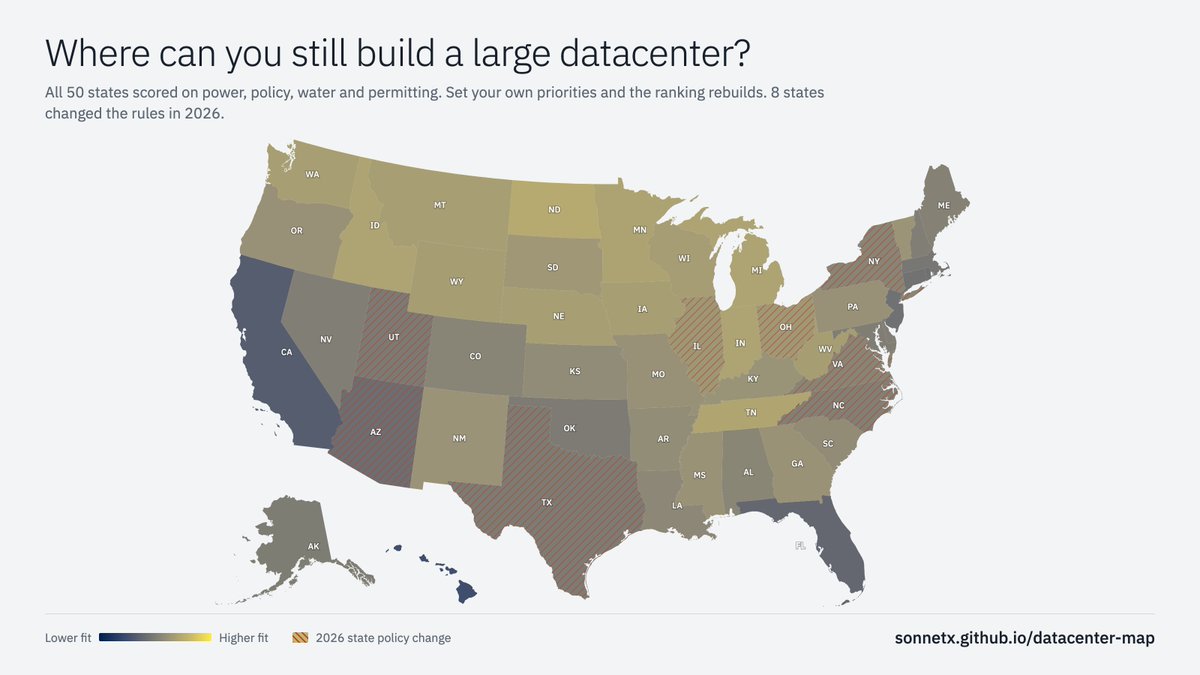 Screenshot of an interactive US map for weighing datacenter sites